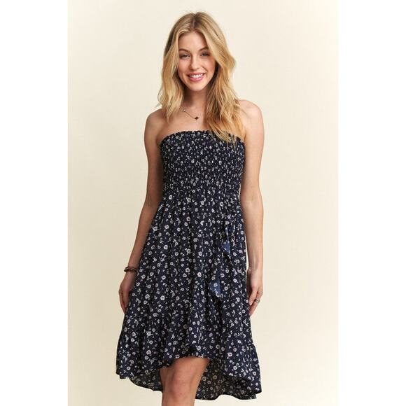 ADORA Smocked Floral Pattern Side Pockets High-Low Hem Tube Midi Dress | Navy - Picture 6 of 7
